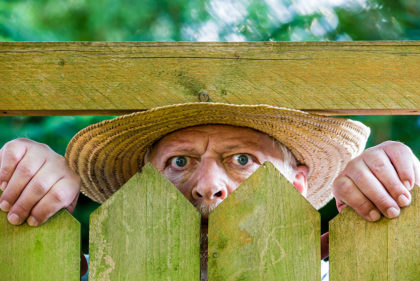 ein neugieriger Nachbar sieht über den Gartenzaun